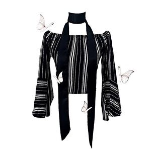 Black and White Striped Off-the-Shoulder Blouse w/ Bell Sleeves